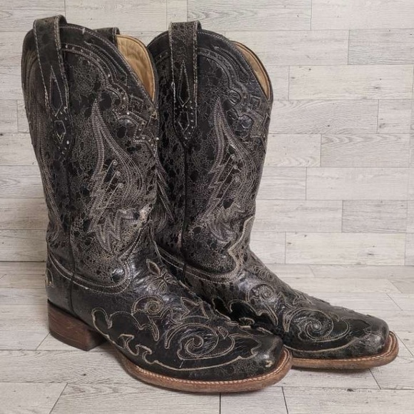 Corral Boots Shoes - Corral Western Black Leather Snakeskin Inlay Square Toe Cowboy Boots Women’s 10